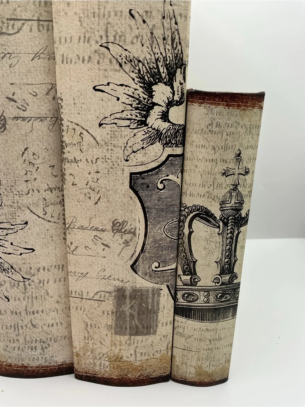 Vintage Neutral Beige Floral Crown Wood Book Box Set